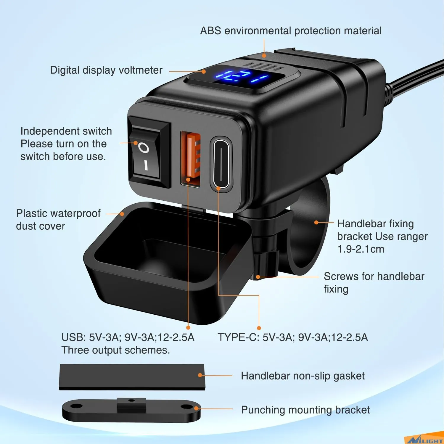 Motorcycle Charger USB Type C 12V Voltmeter On Off Switch