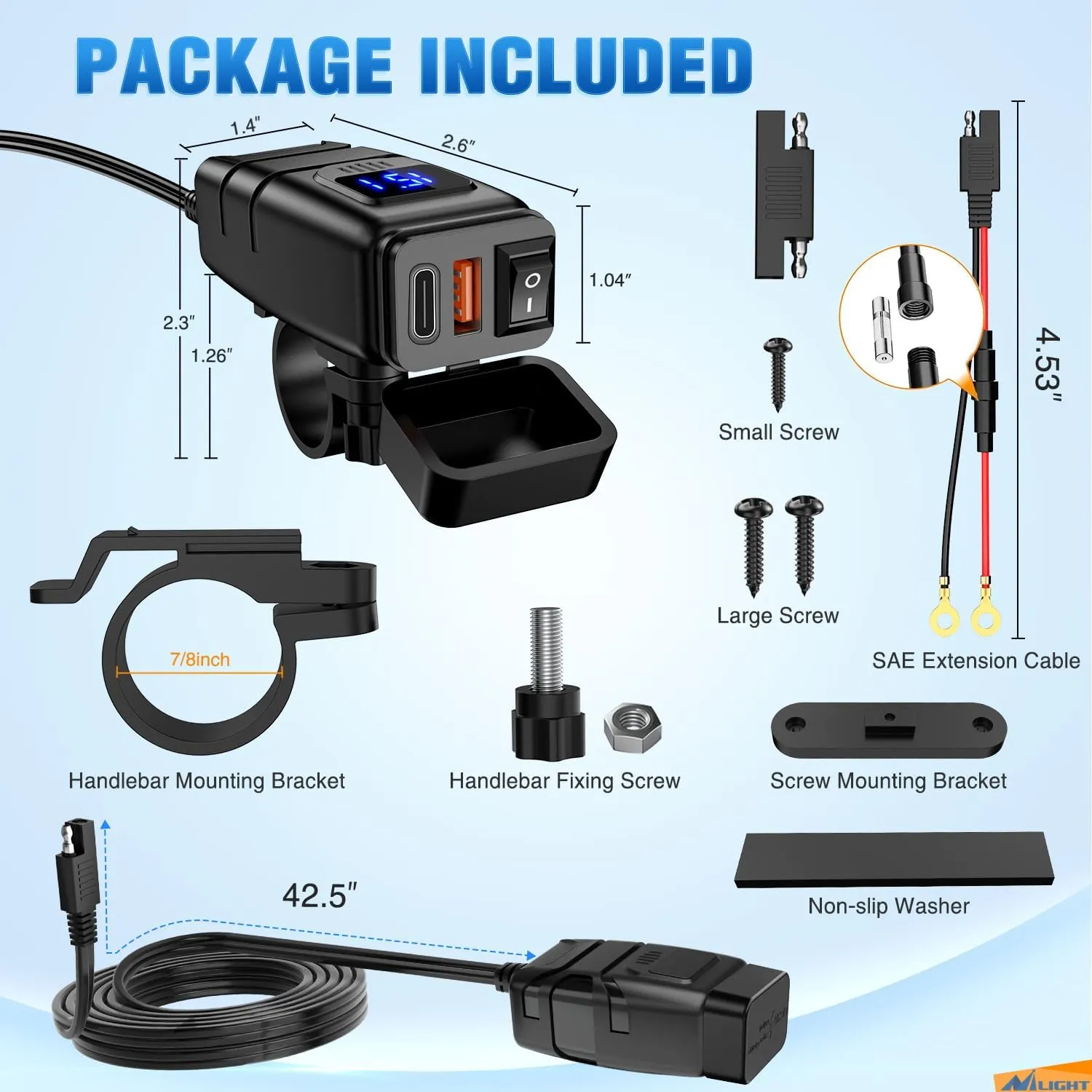 Motorcycle Charger USB Type C 12V Voltmeter On Off Switch