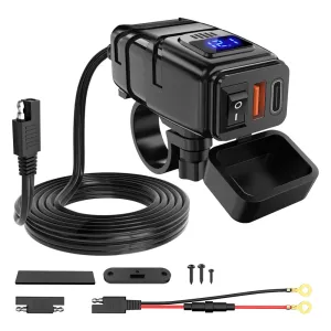 Motorcycle Charger USB Type C 12V Voltmeter On Off Switch