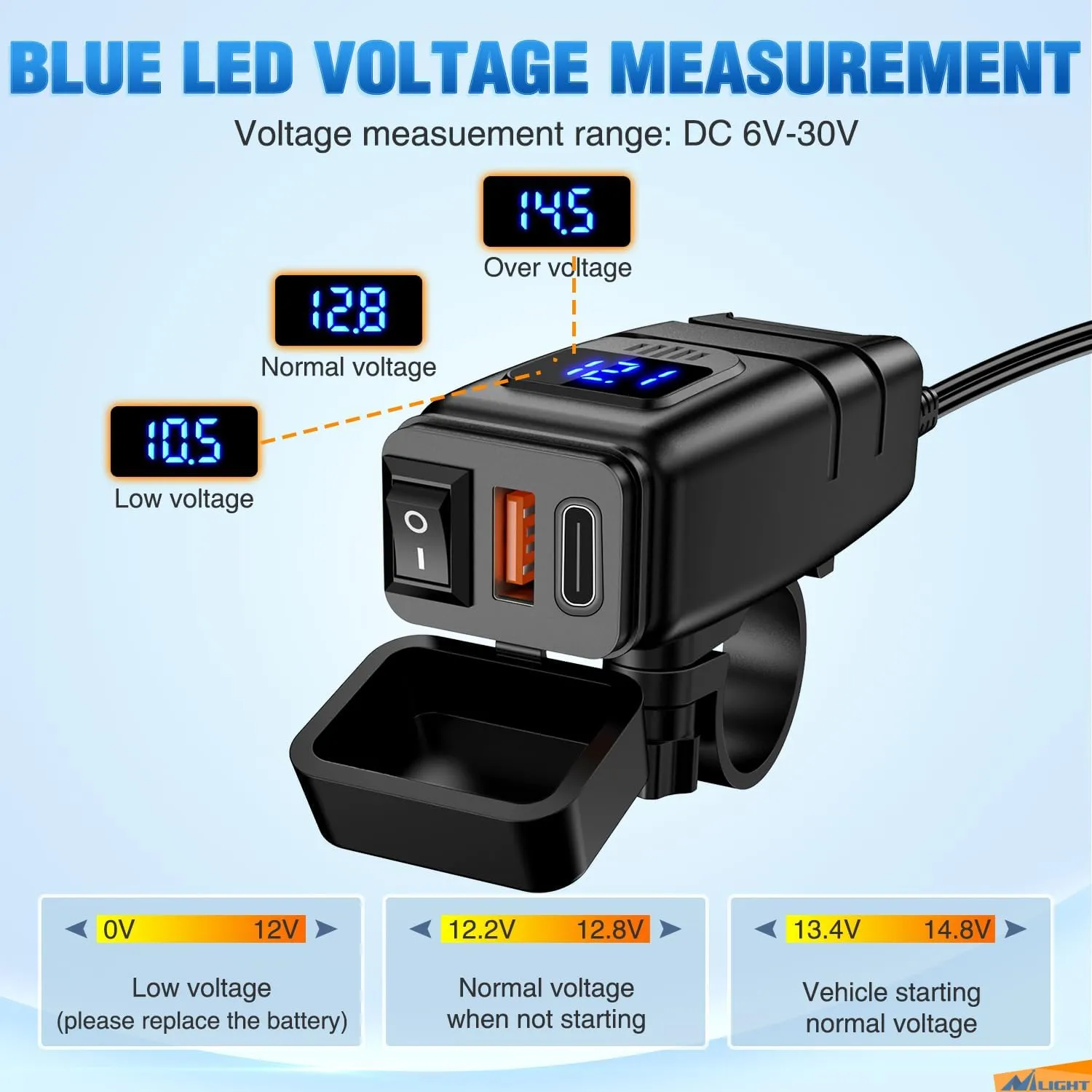 Motorcycle Charger USB Type C 12V Voltmeter On Off Switch